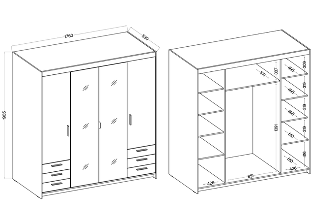 Szafa LIVIO 4-drzwiowa z półkami szuflady lustro beż piaskowy garderoba