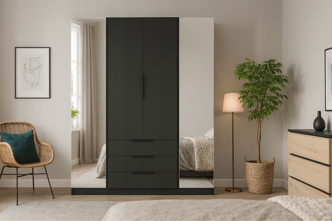 Szafa ARKA 200 cm czarna lustro drzwi uchylne loft nowoczesna