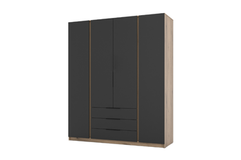Szafa ARKA 4-drzwiowa 3 szuflady czarna mat dąb evoke 200 cm półki drążek