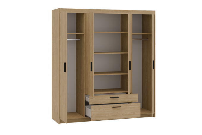 Szafa LIVIO 4-drzwiowa z półkami dąb olejowany szuflady garderoba