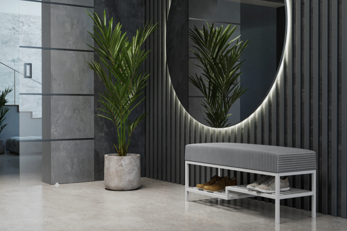 Ławka do przedpokoju 100 cm tapicerowana z półką na buty biały stalowy stelaż