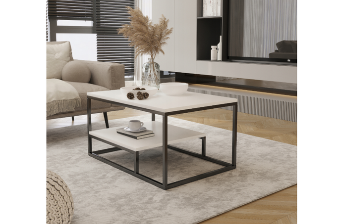Stolik VENTO kawowy z półką biały blat czarny stelaż nowoczesny loft 90x60 cm