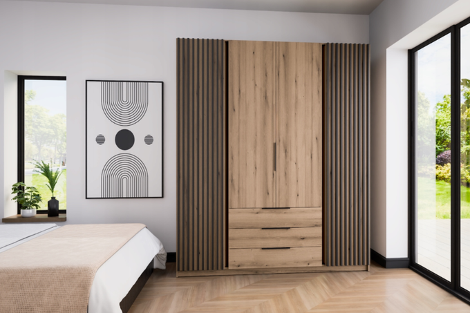 Szafa ARKA 4-drzwiowa lamele 3 szuflady dąb evoke 200 cm