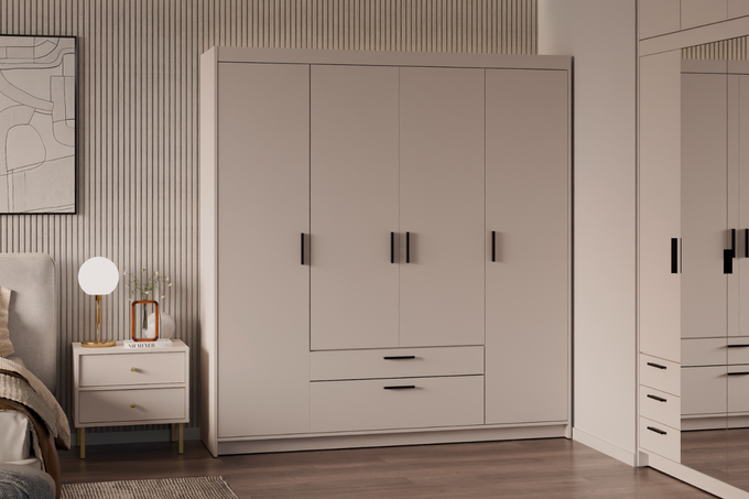 Szafa LIVIO 4-drzwiowa z półkami beż piaskowy szuflady garderoba