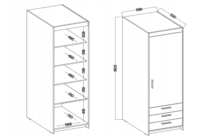 Szafa LIVIO dąb lefkas 1-drzwiowa z półkami i szufladami drążek garderoba