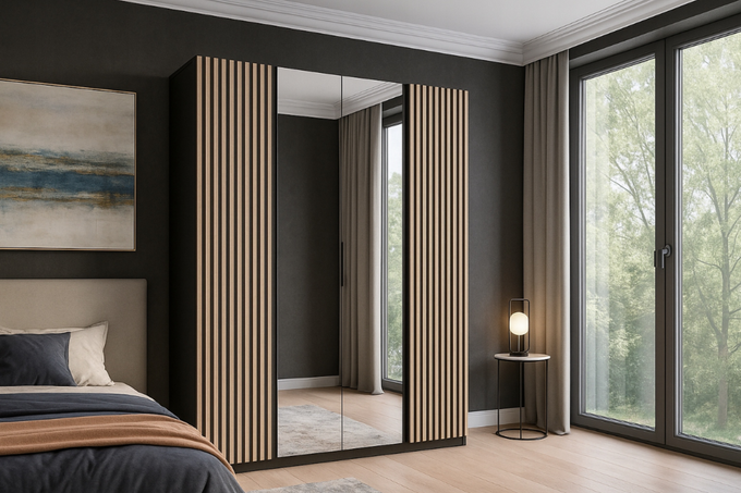 Szafa ARKA 200 cm czarna z lamelami i lustrem drzwi uchylne loft nowoczesna