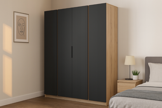 Szafa ARKA 4-drzwiowa czarna mat dąb evoke 200 cm półki drążek