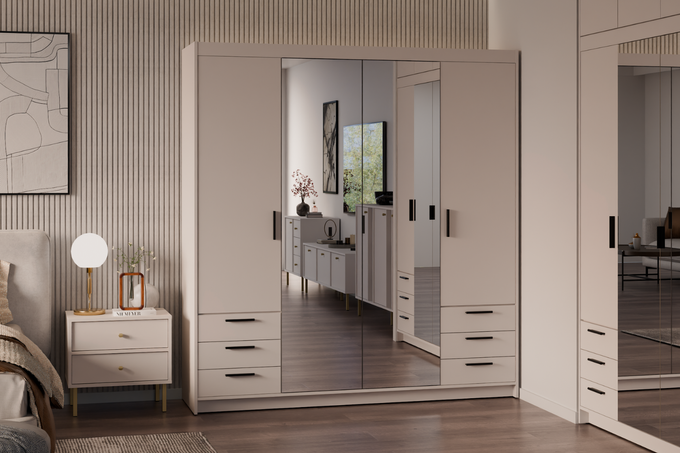 Szafa LIVIO 4-drzwiowa z półkami szuflady lustro beż piaskowy garderoba