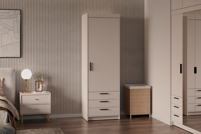 Szafa LIVIO 1-drzwiowa z półkami szuflady beż piaskowy garderoba