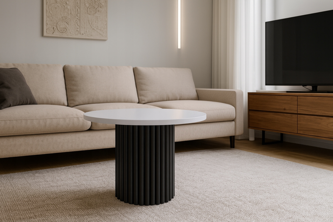 Stolik kawowy Lunar okrągły 67 cm biały blat czarna ryflowana podstawa