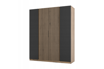 Szafa ARKA 4-drzwiowa lamele czarne fronty dąb evoke 200 cm półki drążek