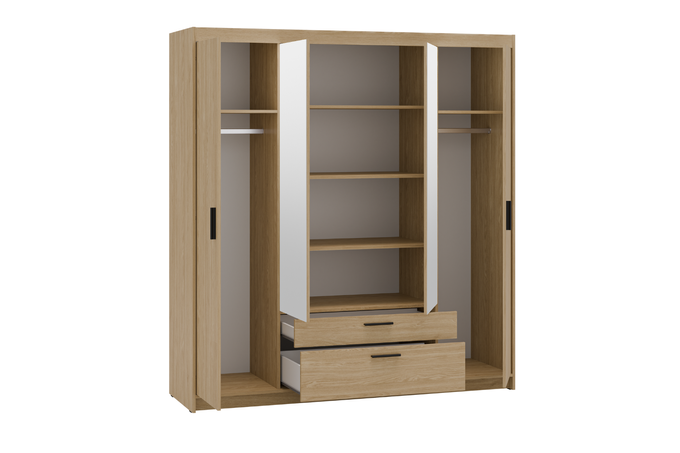 Szafa LIVIO 4-drzwiowa z półkami szuflady lustro dąb olejowany garderoba