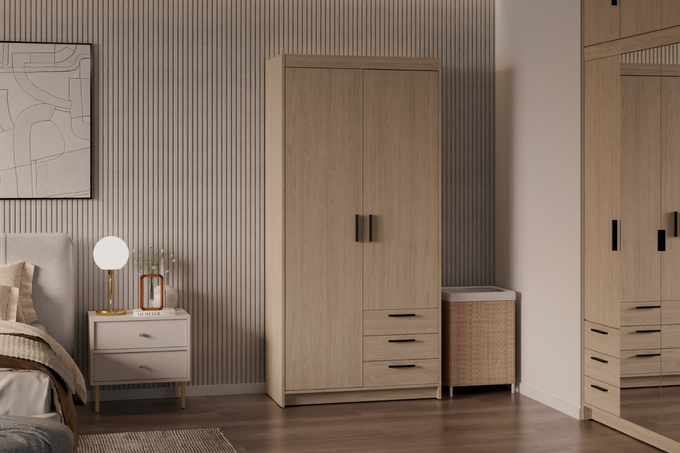 Szafa LIVIO 2-drzwiowa z półkami szuflady dąb olejowany garderoba