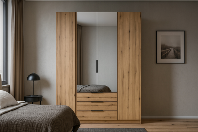 Szafa ARKA 4-drzwiowa 2 lustra dąb evoke 200 cm półki drążek szuflady