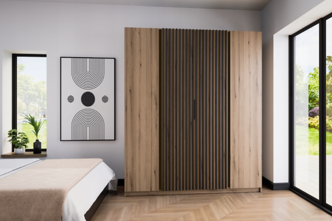 Szafa ARKA 4-drzwiowa lamele dąb evoke 200 cm półki drążek