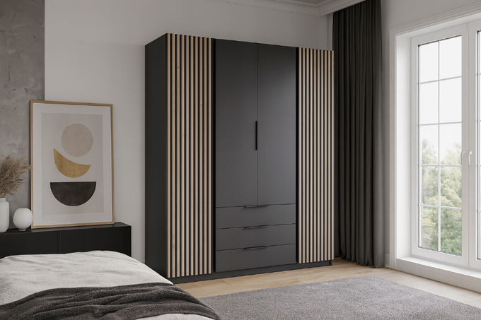 Szafa ARKA 200 cm czarna z lamelami 3 szuflady drzwi uchylne loft nowoczesna