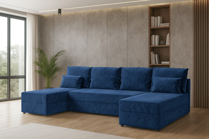 Narożnik DOMINO U FIT GŁADKI z funkcją spania, rogówka do salonu granatowy