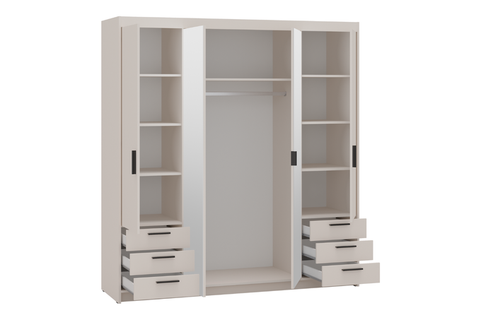 Szafa LIVIO 4-drzwiowa z półkami szuflady lustro beż piaskowy garderoba