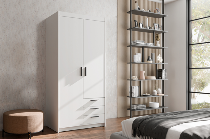 Szafa LIVIO 2-drzwiowa 3 szuflady z półkami biała garderoba