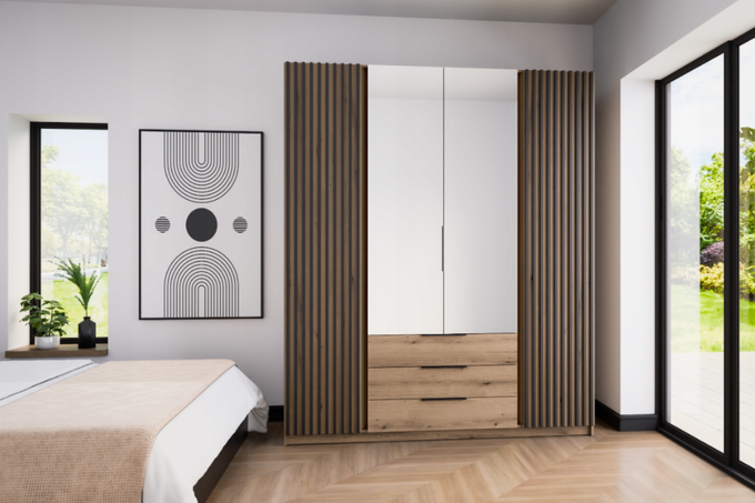 Szafa ARKA 4-drzwiowa 3 szuflady lamele 2 lustra dąb evoke 200 cm