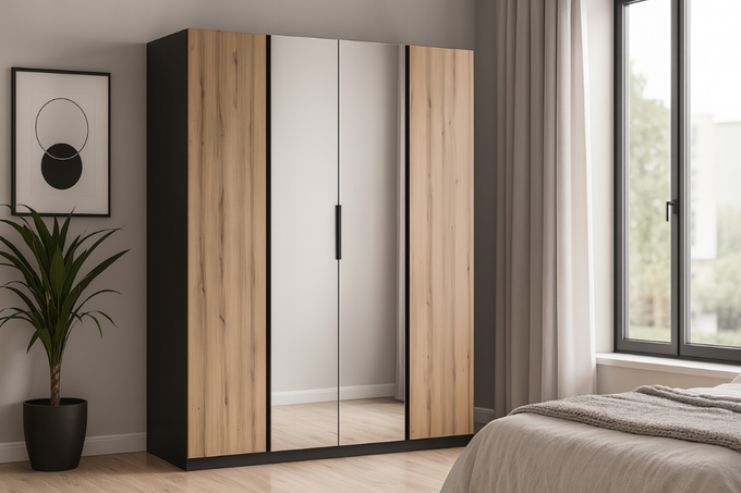 Szafa ARKA 4-drzwiowa 2 lustra dąb evoke 200 cm półki drążek