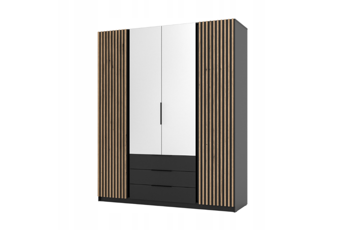 Szafa ARKA 200 cm czarna z lamelami lustro 3 szuflady drzwi uchylne loft nowoczesna