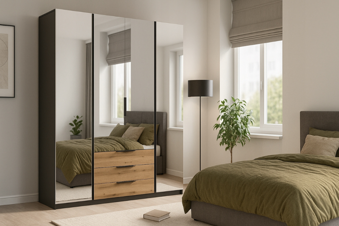 Szafa ARKA 4-drzwiowa 4 lustra dąb evoke 200 cm szuflady drążek półki