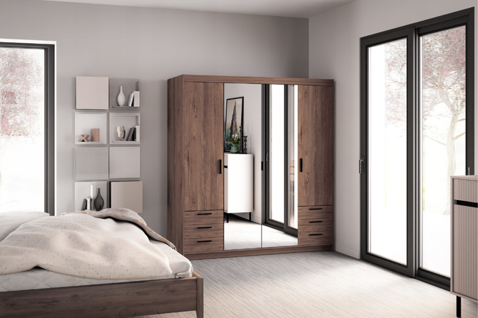 Szafa LIVIO 4 drzwiowa dąb lefkas z lustrem i szufladami garderoba