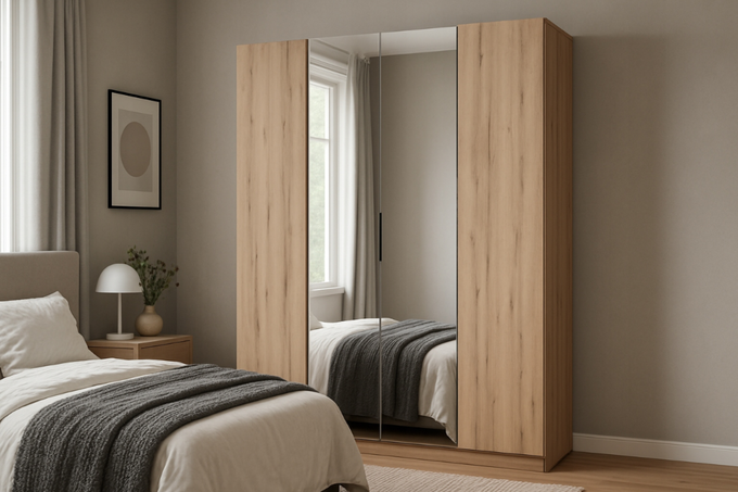 Szafa ARKA 4-drzwiowa 2 lustra dąb evoke 200 cm półki drążek