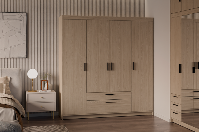 Szafa LIVIO 4-drzwiowa z półkami dąb olejowany szuflady garderoba