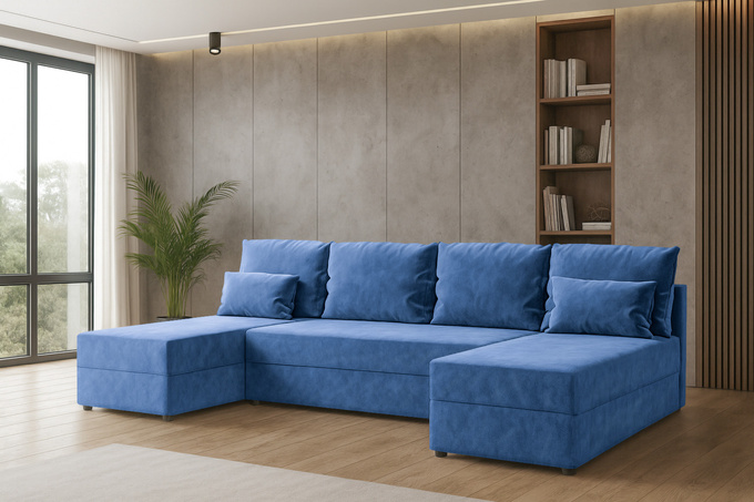 Narożnik DOMINO U FIT GŁADKI z funkcją spania, rogówka do salonu niebieski