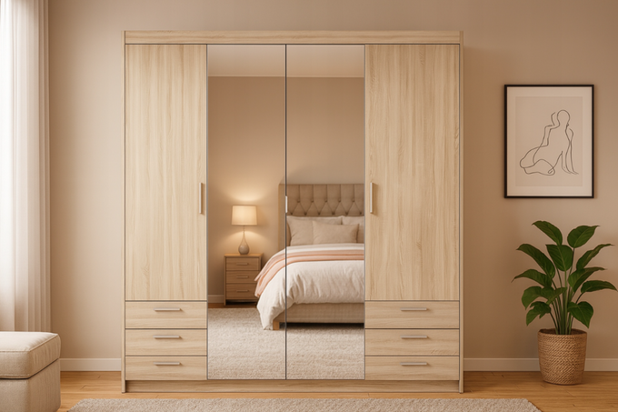 Szafa LIVIO 4 drzwiowa dąb sonoma z lustrem i szufladami garderoba