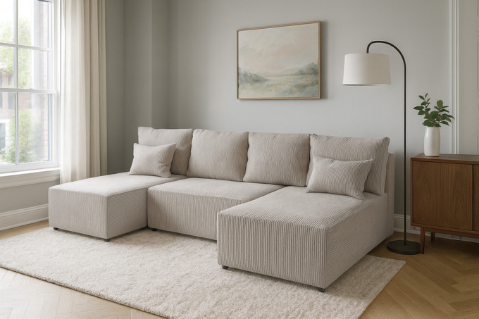 Narożnik DOMINO U FIT POSO sztruks do salonu funkcja spania pojemnik rogówka