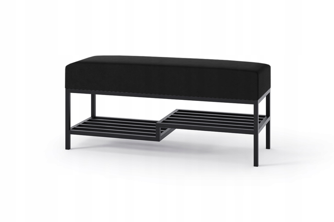 Ławka do przedpokoju 100 cm tapicerowana z półką na buty czarny stalowy stelaż