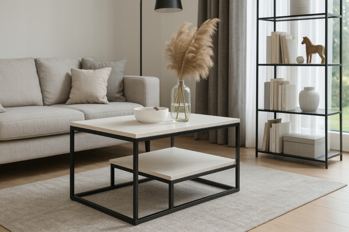 Stolik VENTO kawowy z półką biały blat czarny stelaż nowoczesny loft 90x60 cm