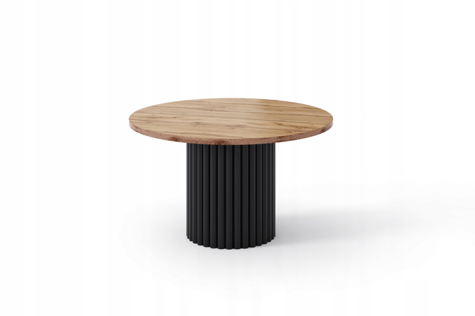 Stolik kawowy Lunar okrągły 67 cm dąb wotan blat czarna ryflowana podstawa