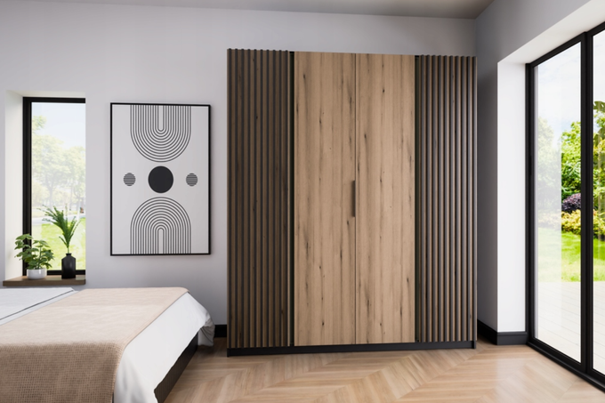 Szafa ARKA 4-drzwiowa lamele dąb evoke 200 cm półki drążek