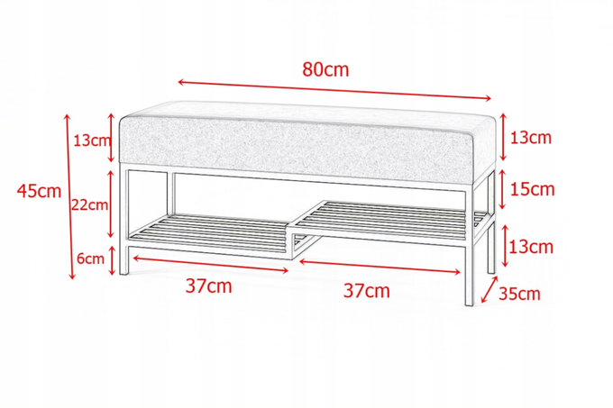Ławka do przedpokoju 80 cm tapicerowana z półką na buty czarny stalowy stelaż