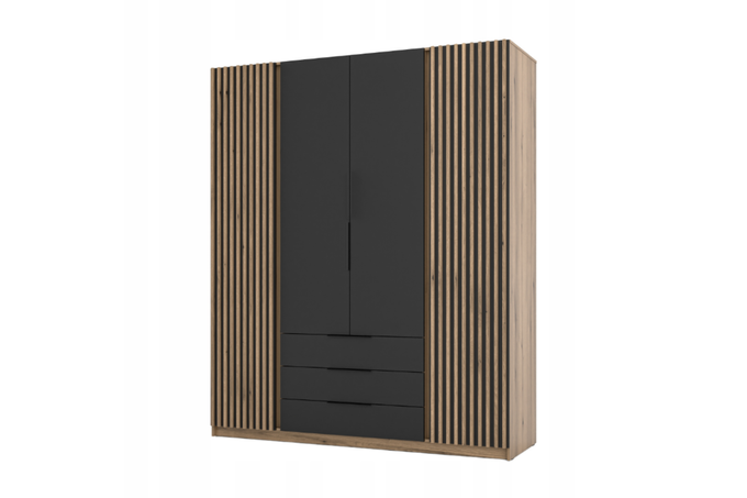 Szafa ARKA 4-drzwiowa lamele czarne fronty 3 szuflady dąb evoke 200 cm
