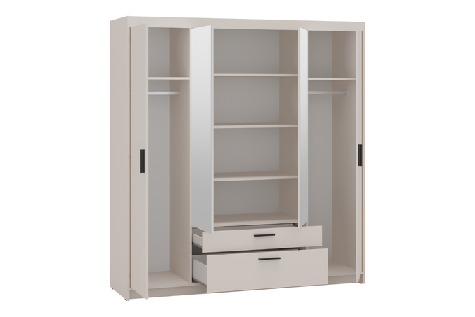 Szafa LIVIO 4-drzwiowa z półkami szuflady lustro beż piaskowy garderoba