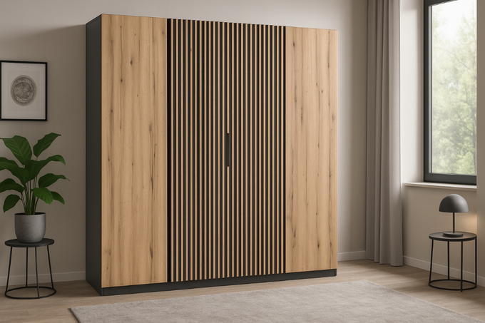 Szafa ARKA 4-drzwiowa lamele dąb evoke 200 cm półki drążek