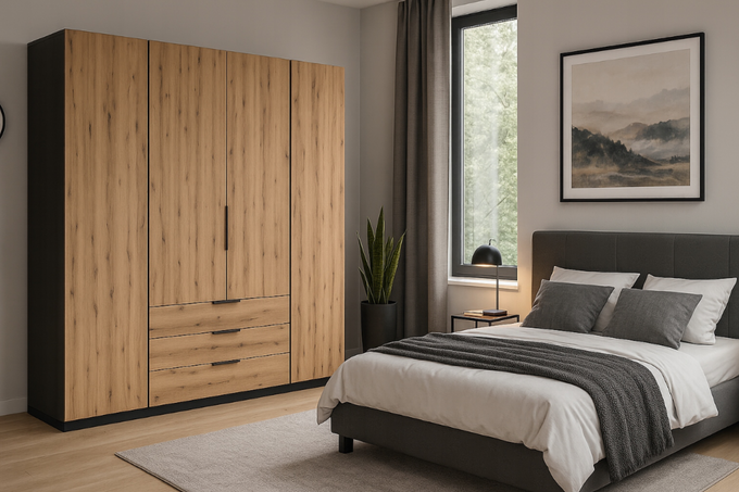 Szafa ARKA 4-drzwiowa dąb evoke 3 szuflady 200 cm półki drążek