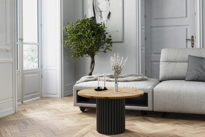 Stolik kawowy Lunar okrągły 67 cm dąb wotan blat czarna ryflowana podstawa