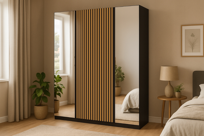 Szafa ARKA 200 cm czarna z lamelami lustro drzwi uchylne loft nowoczesna