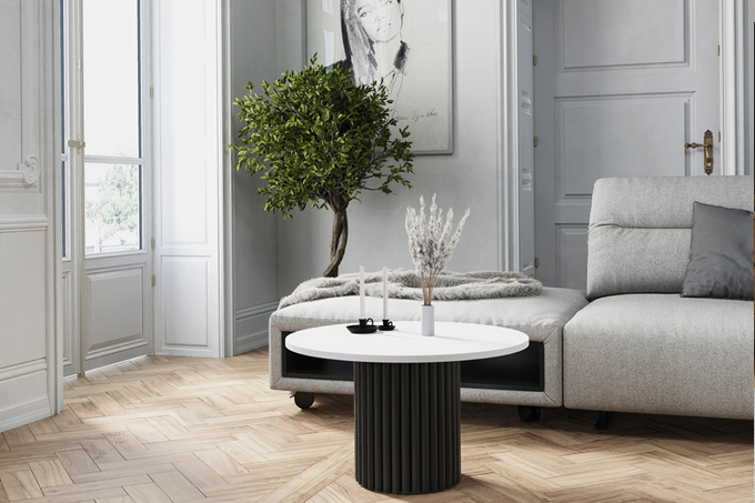 Stolik kawowy Lunar okrągły 67 cm biały blat czarna ryflowana podstawa