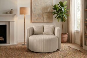 Fotel LOOP beżowy POSO – wygodny fotel tapicerowany do salonu