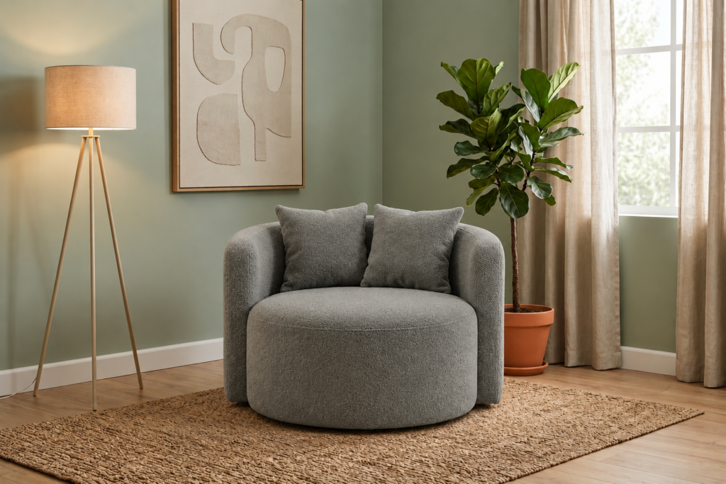 Fotel LOOP grafitowy Woolly – wygodny fotel tapicerowany do salonu
