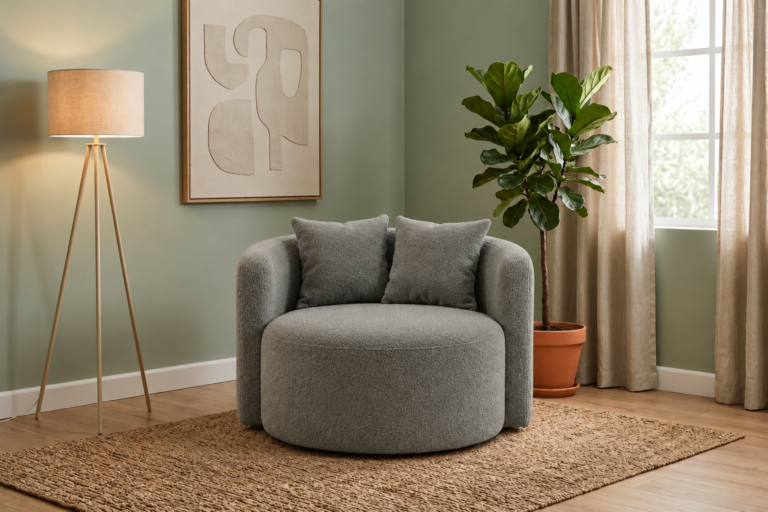 Fotel LOOP grafitowy Woolly – wygodny fotel tapicerowany do salonu