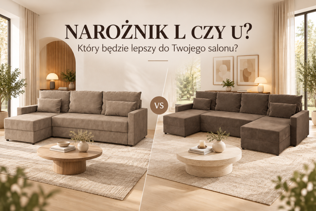 Narożnik L czy U – porównanie narożnika L w beżowej tkaninie i narożnika U w brązowym welurze w jasnym salonie