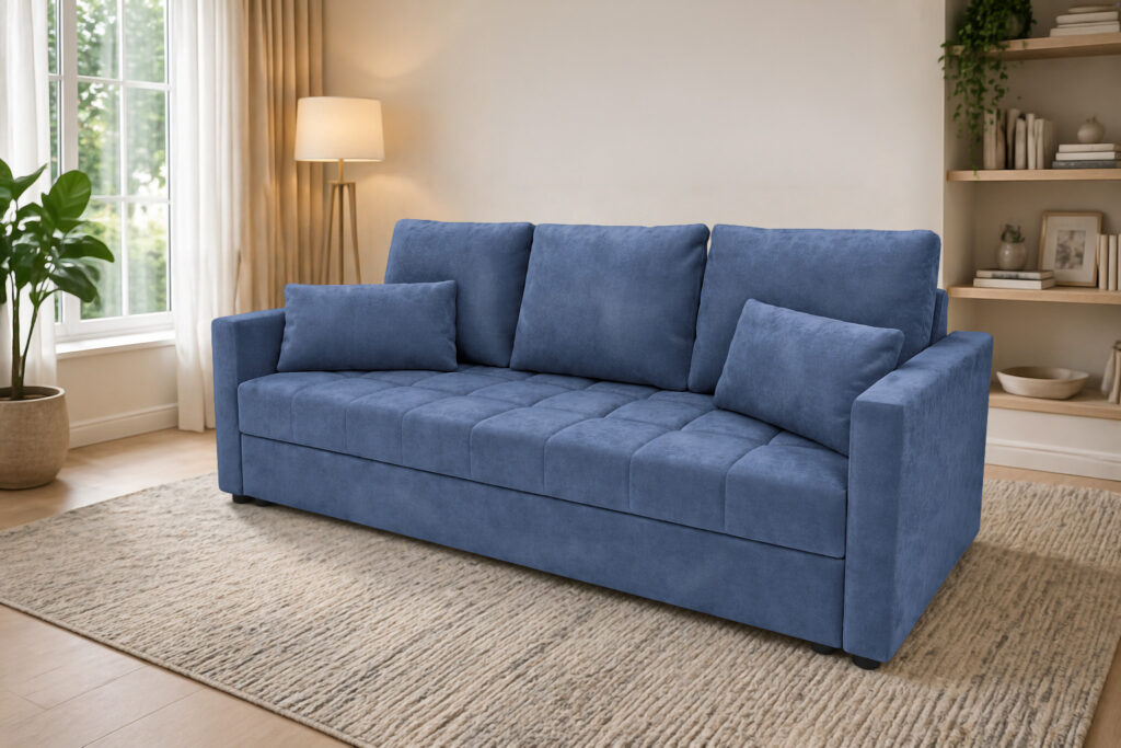 Sofa DOMINO niebieski Kronos - z funkcją spania i pojemnikiem